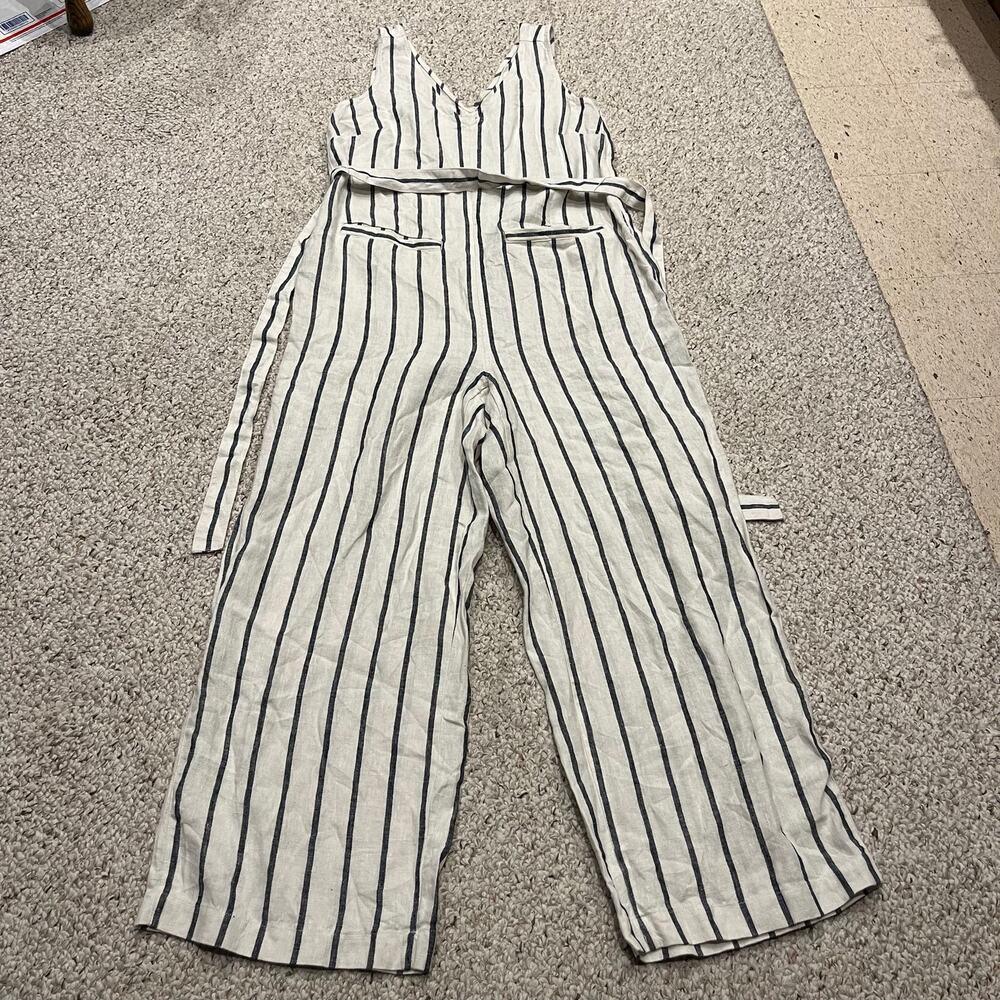 NEW Faherty Catalina Linen Jumpsuit L Navy Cream Stripe Coastal Preppy Classic